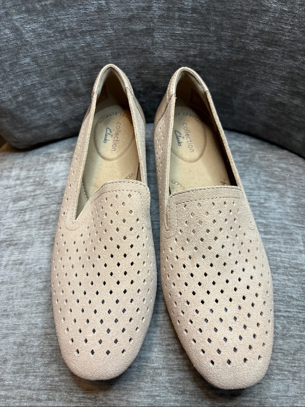 Clarks Beige Perforated Suede Slip-On Loafers